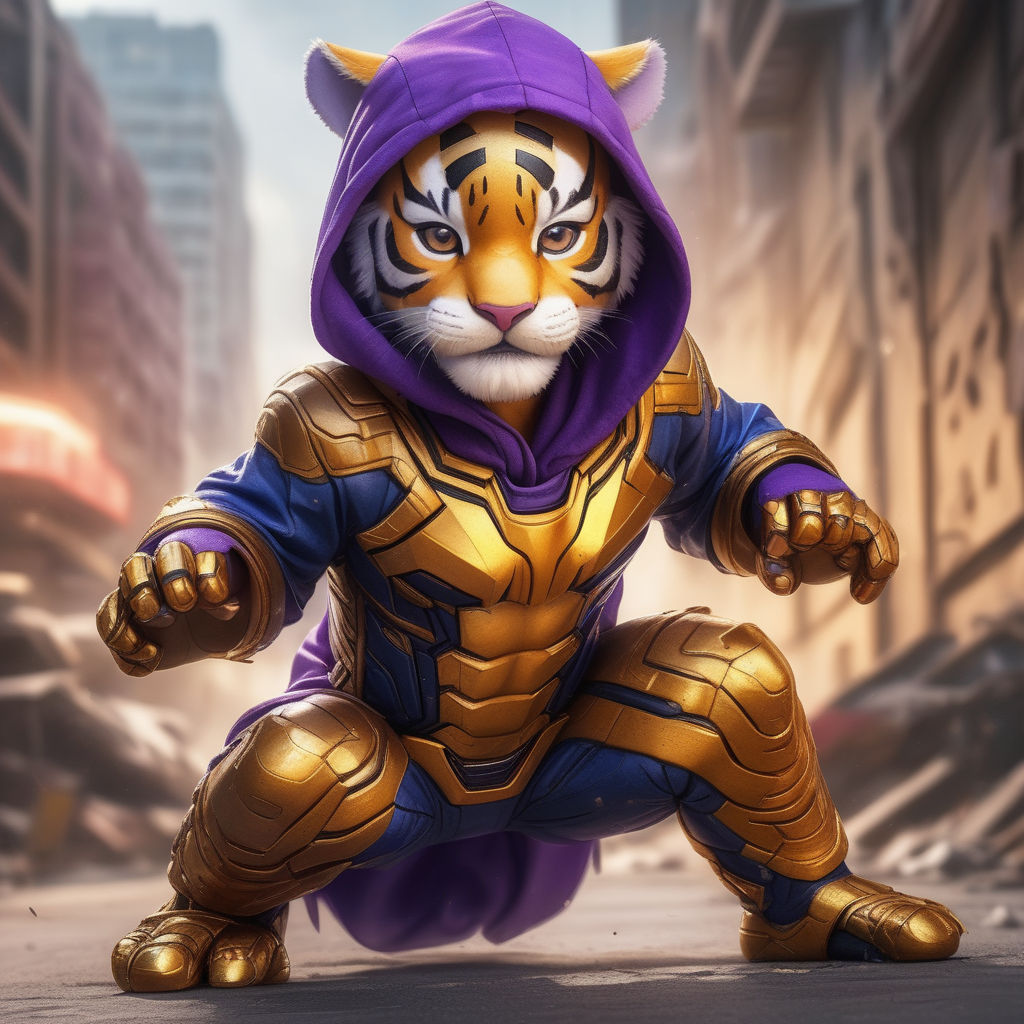 Um lindo tigre bebê hiper realista de kawaii vestindo roupas de hip hop  fundo da cidade