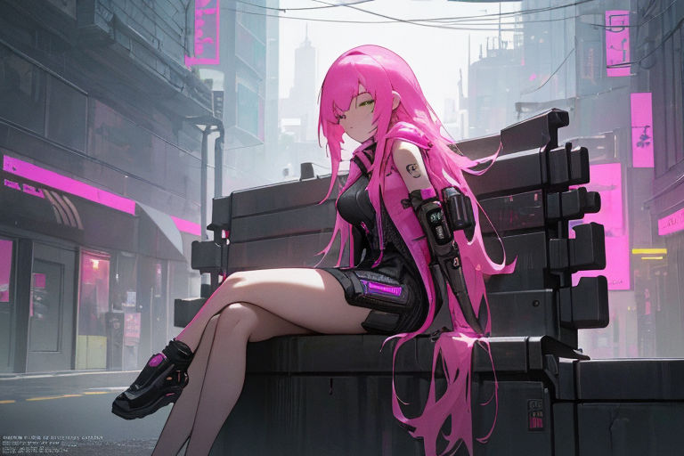 ponytail, pink hair, looking at viewer, Darling in the FranXX, Zero Two  (Darling in the FranXX), anime, anime girls, cyberpunk, portrait display,  katana