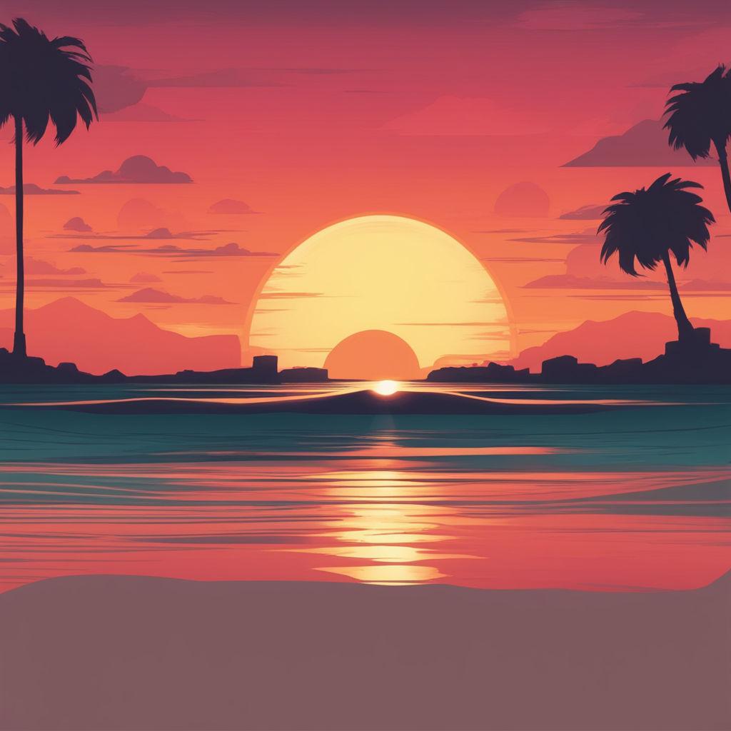 Bay lo fi aesthetic wallpaper. Sunset near ocean. Small island. Beach with  palm tree and sand 2D vector cartoon landscape illustration, purple lofi  background. 90s retro album art, chill vibes 27570062 Vector