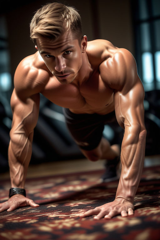 Naked Bodybuilder Posing While Doing Push-ups Stock Photo 523854613