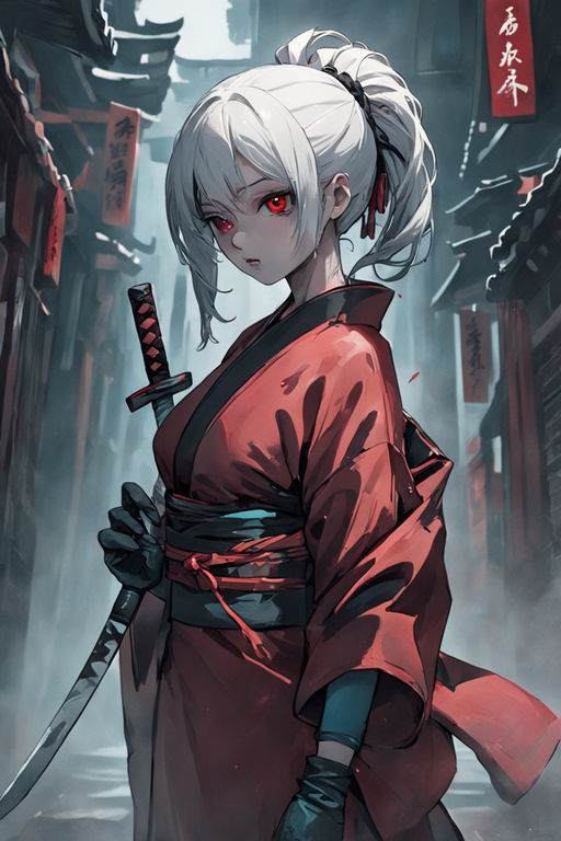 Anime girl, white hair, samurai