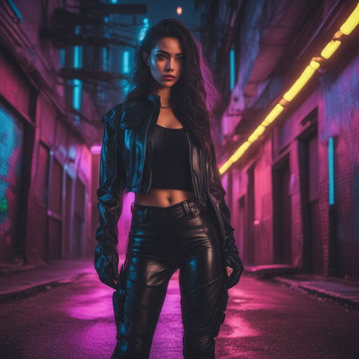 Premium Photo  Cyberpunk woman futuristic portrait urban fashion  mysterious girl in face bandana buff mask black leather jacket in red  purple neon light color steam white led glow at dark night