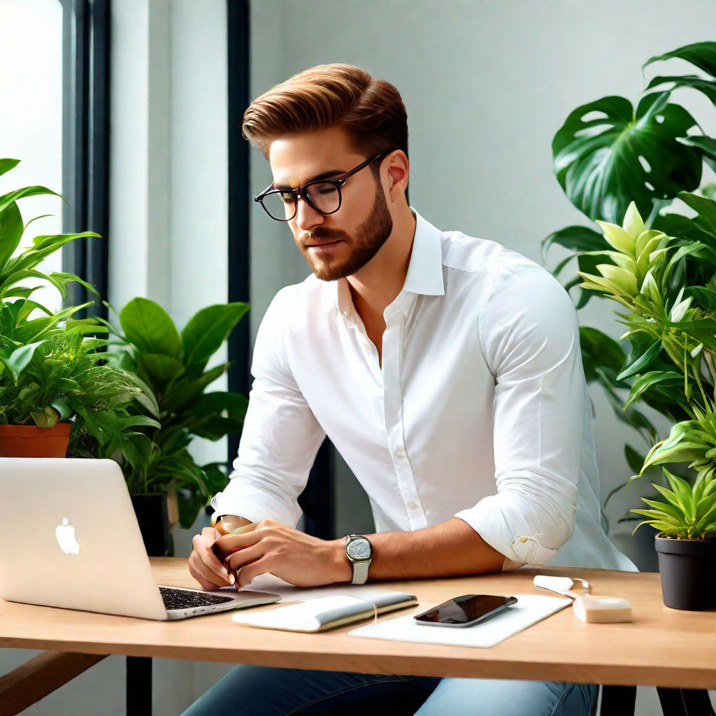 Happy energetic businessman practises yoga positions while working on  laptop computer. Funny fit flexible young man in suit and glasses doing  bridge pose on studio floor while using modern notebook PC Photos