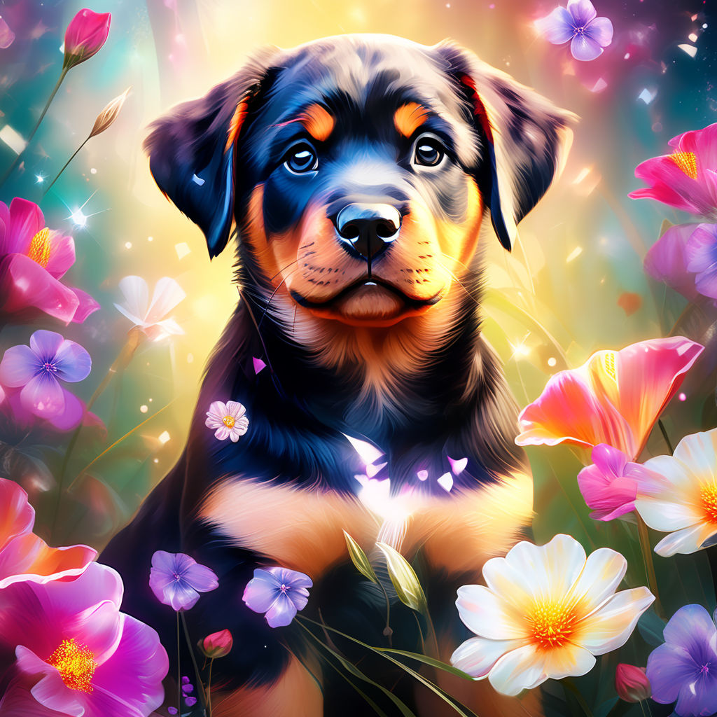 Prompt: 
</p>
<p>create an image UHD floral pattern style of raymond swanland, vibrant Rottweiler puppy  colorful flowers  cute box puppy with 
</p>
<p>bright eyes   tiny diamonds and sapphires, pearls, ruby heart, light ivory swirls, hyper realistic, intricate detail, elegant digital illustration, painting, transparent backround, whimsical, pastels, butterflies, muted colors, silver glitter accents, Mysterious
</p>
<p>lighting, 
</p>
<p> </p>
<p>lights, extremely, magic, surreal, fantasy, digital art, ((wlop, artgerm and james jean, ))Broken Glass effect, stunning, , mythical being, energy, molecular, textures, iridescent and luminescent scales, breathtaking beauty, pure perfection, divine presence, unforgettable, impressive, breathtaking beauty, Volumetric light, auras, rays, vivid colors reflects
</p>
<p>, haze, ultra-detailed, film photography, light leaks, Larry Bud Melman, trending on artstation, sharp focus, studio photo, intricate details, highly detailed, by greg rutkowski