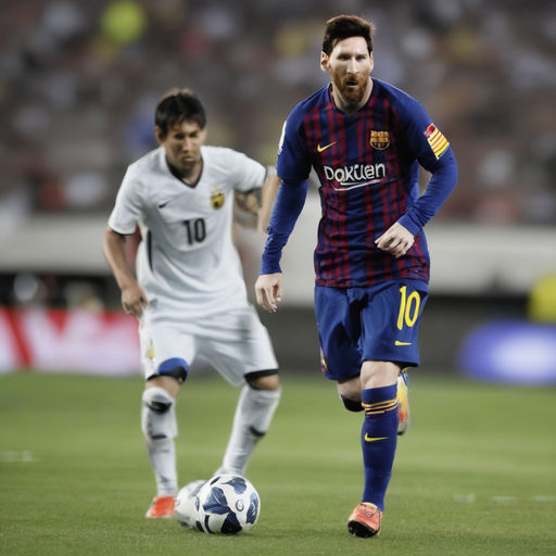 Messi with FCB kit on a wheelchair and president of Real Madrid Florentino  Perez of Real Madrid walking close. - Playground AI