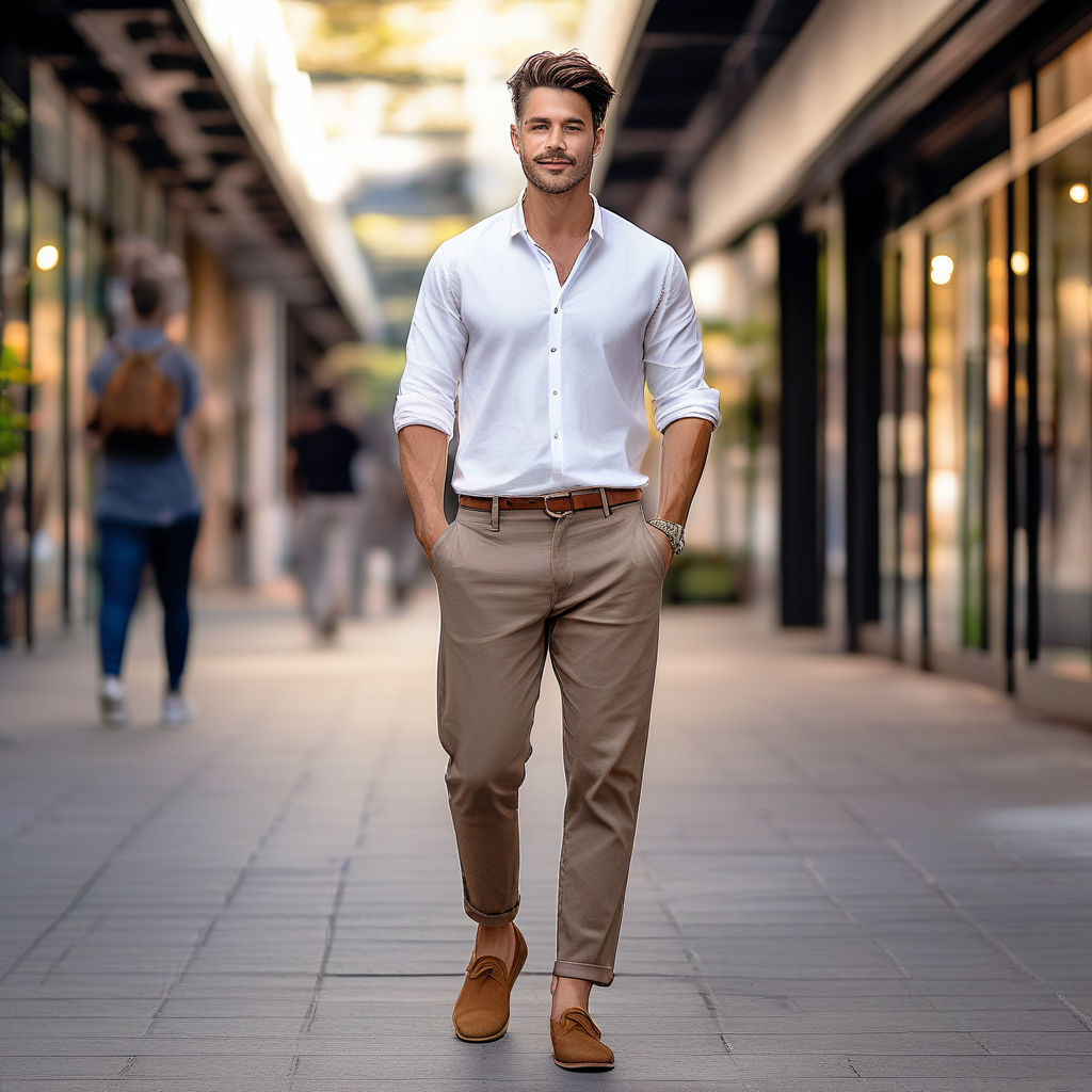 Unbuttoned White Shirt with Camel Trousers | Hockerty