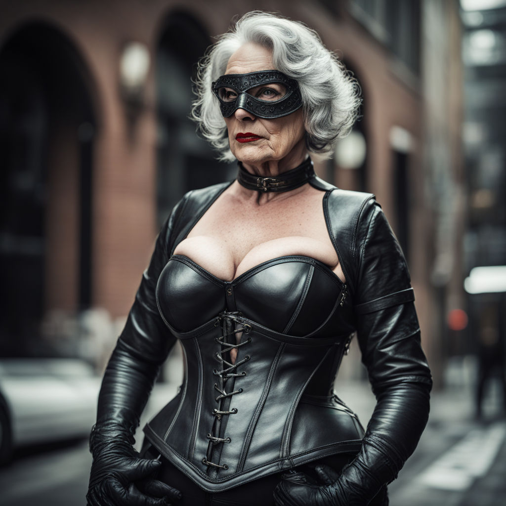 Submissive 81 years old granny wearing black leather gloves and black  leather coat teasing younger man - Playground