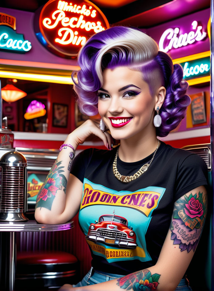 Rockabilly beautiful female in a circle with writing saying I got