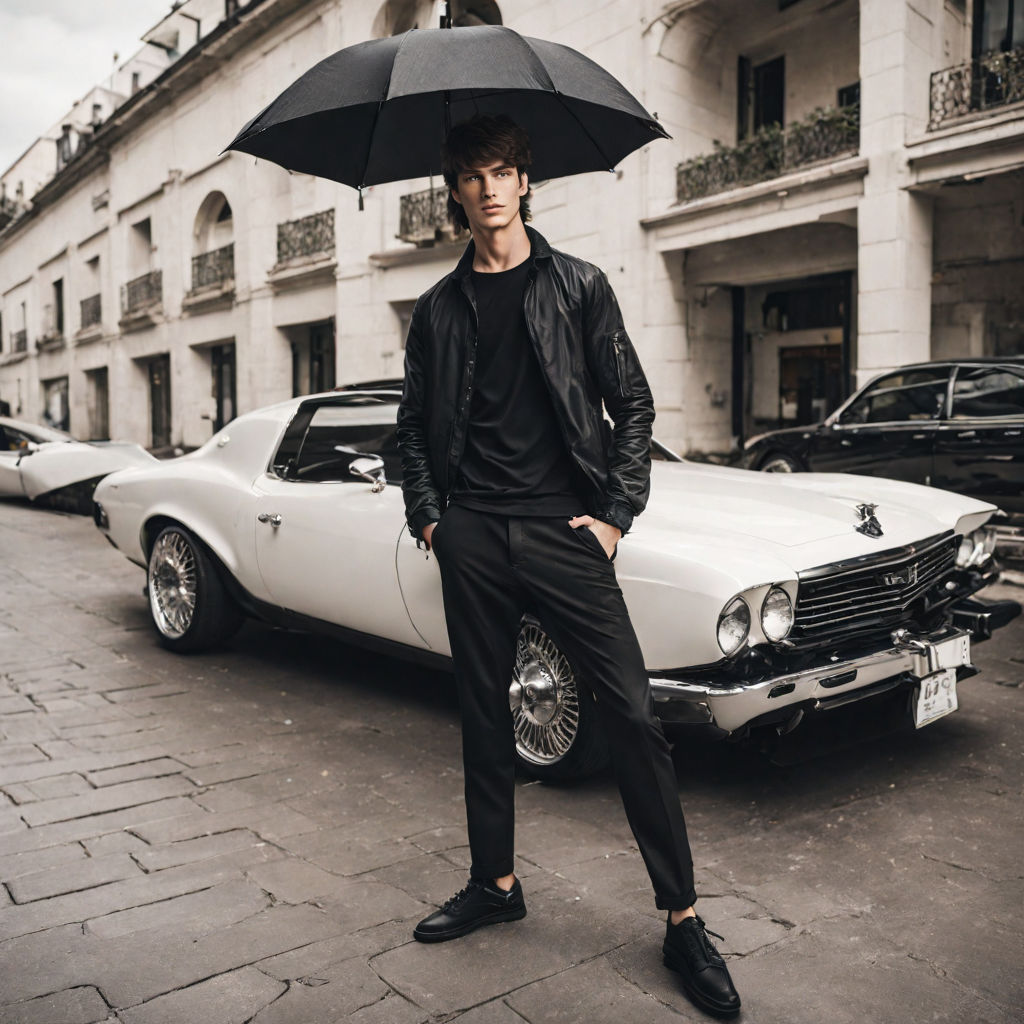 striking a confident pose beside a sleek black sports car