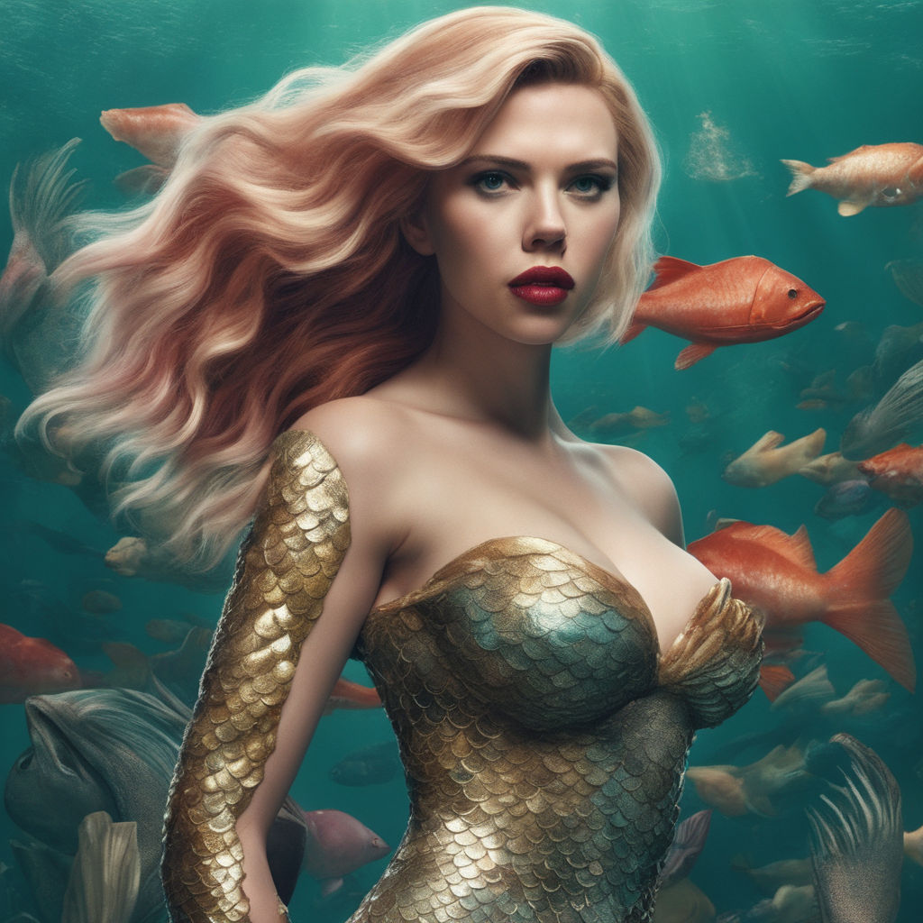 Prompt: A full body photo of Scarlett Johansson as a mermaid with enormous fish lips