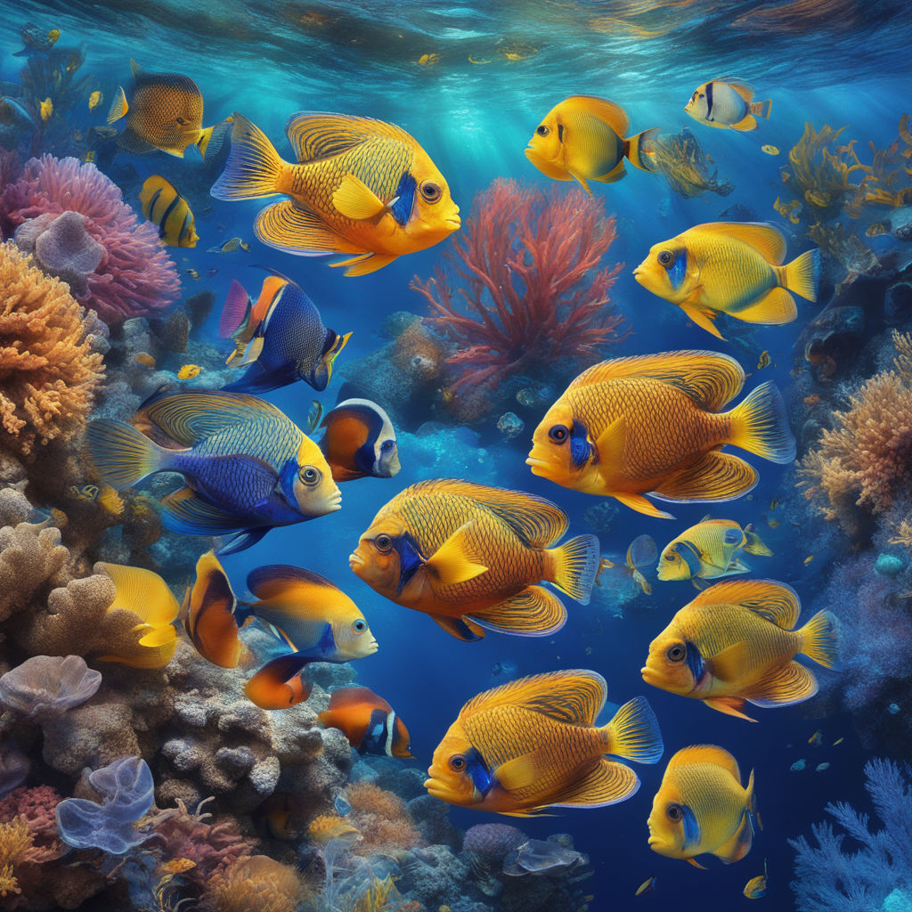 Colorful tropical coral reef with fish. Vivid multicolored corals in the  sea aquarium. Beautiful Underwater world. Vibrant colors of coral reefs  under bright neon purple light. AI generated Stock Photo