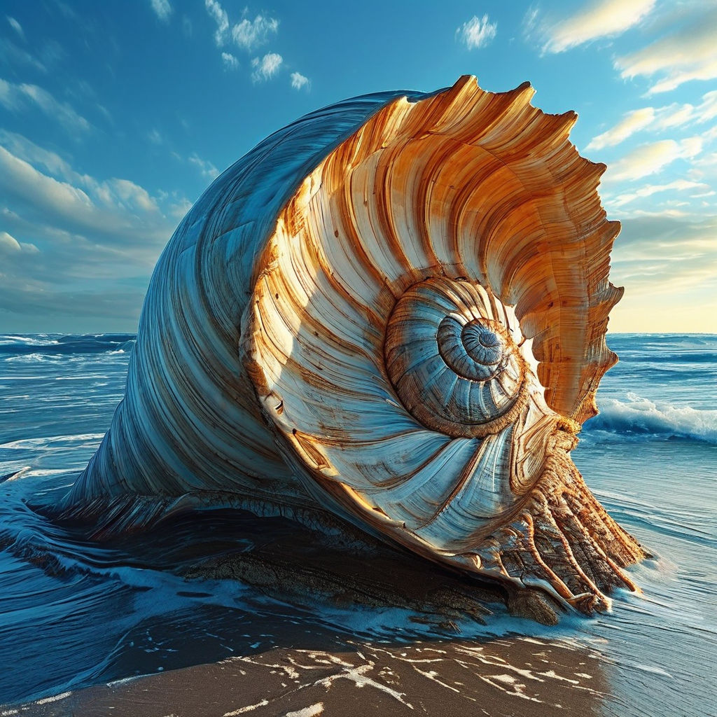 Colorful nautilus shell on the beach with a fishing pier in the