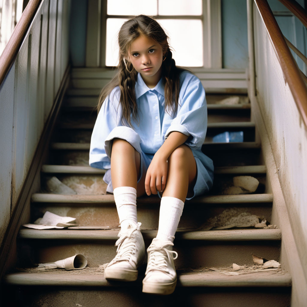 9 years old girl wearing a light blue spandex bikini in a basement