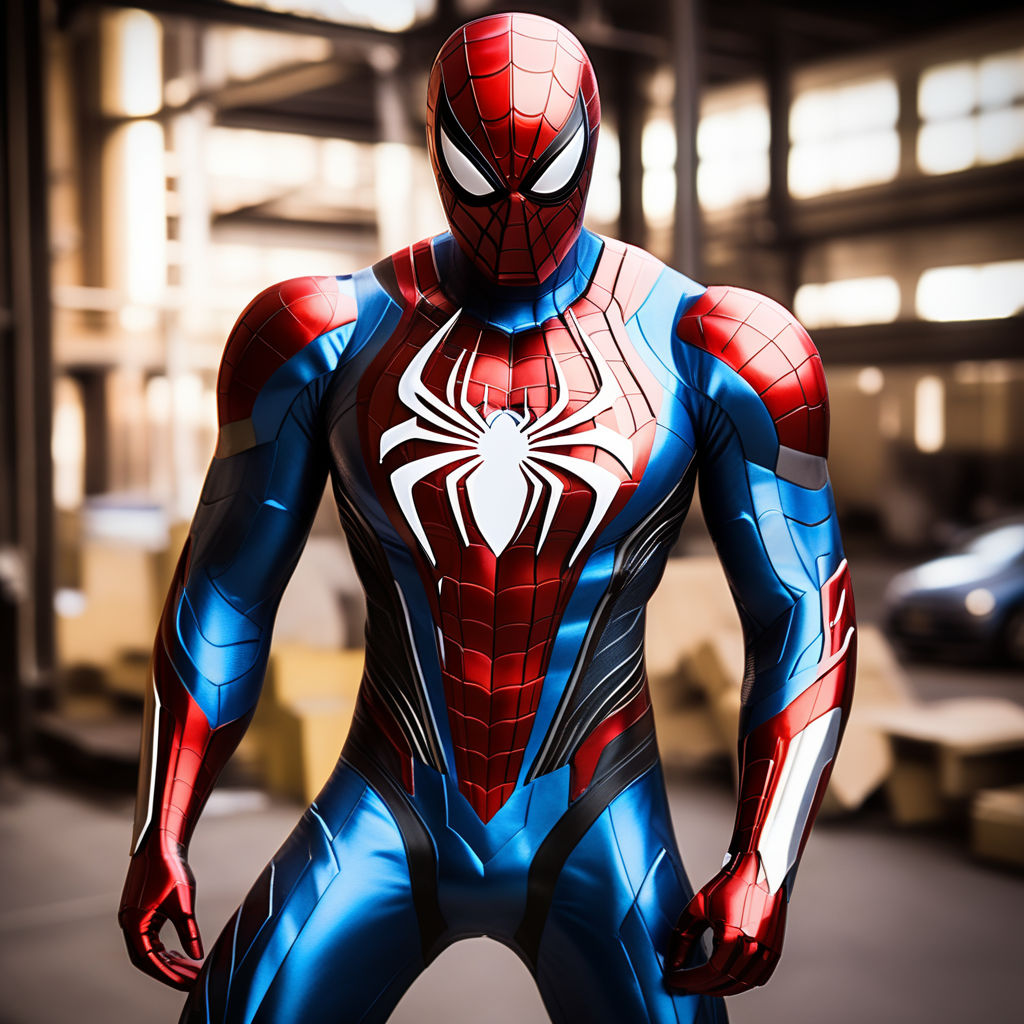 Titan's spiderman costume is a sleek, black bodysuit with web patterns  along the arms and legs. the design is heavily textured and incorporates  armor-like elements, providing protection from attacks. he also wears