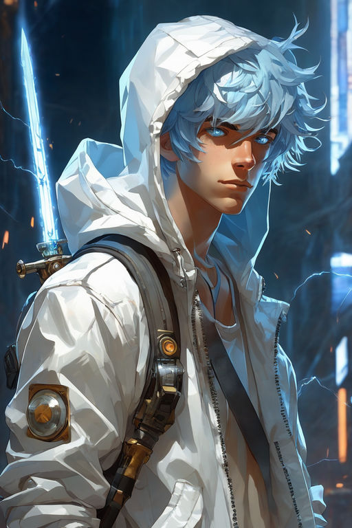 An teenage anime boy with white frosty hair, glowing blue eyes, a