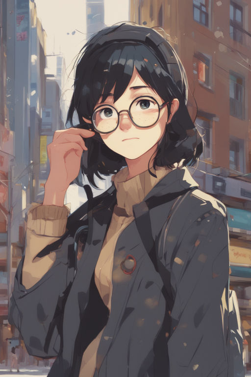 anime girl with black hair and glasses