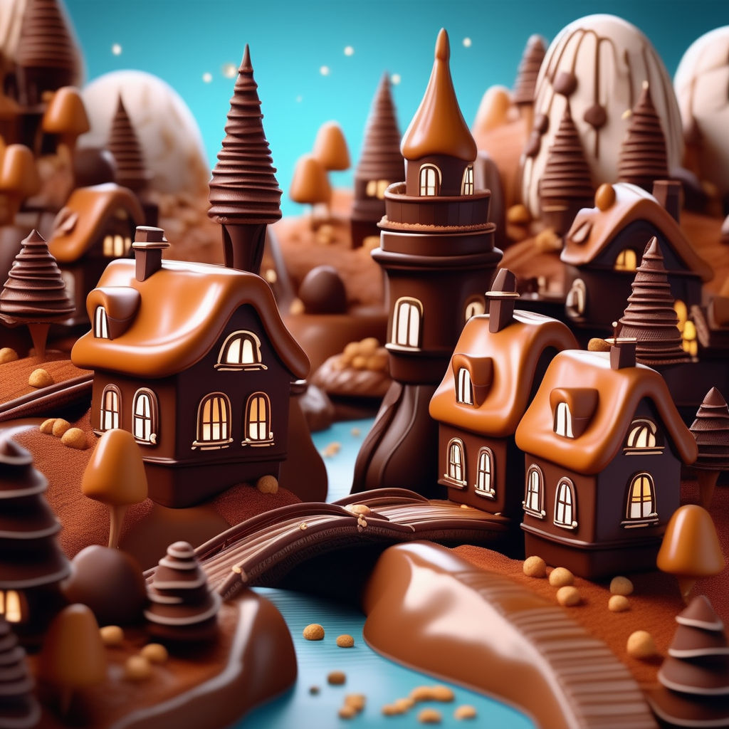 Design a whimsical chocolate cityscape adorned with towering chocolate  building towers - Playground