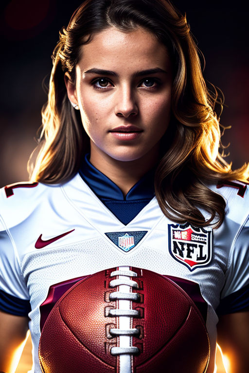 Beautiful woman in uniform playing american football with ball on