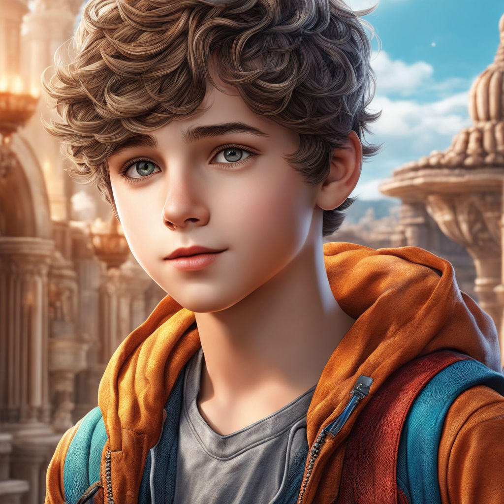 anime, fantasy medieval, boy, curly, chestnut brown hair, blue