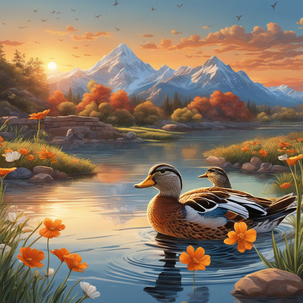 AI Watercolor Canvas Wall Painting Duck on a Lake Sunset Mountains