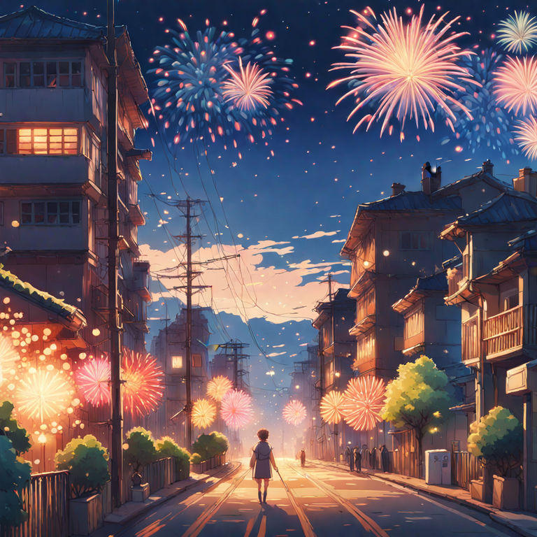 Non-binary anime character watching new year's fireworks on rooftop on  Craiyon