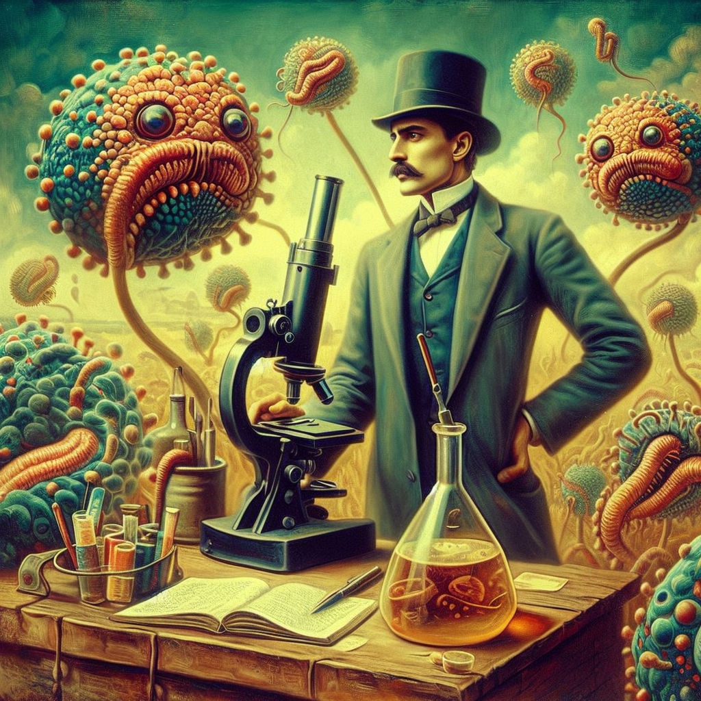 Prompt: surreal painting of Romanian male scientist of anthropomorphic bacteria and microscope, vintage 1910 fashion, mesmerizing digital art by Brom and Artgerm