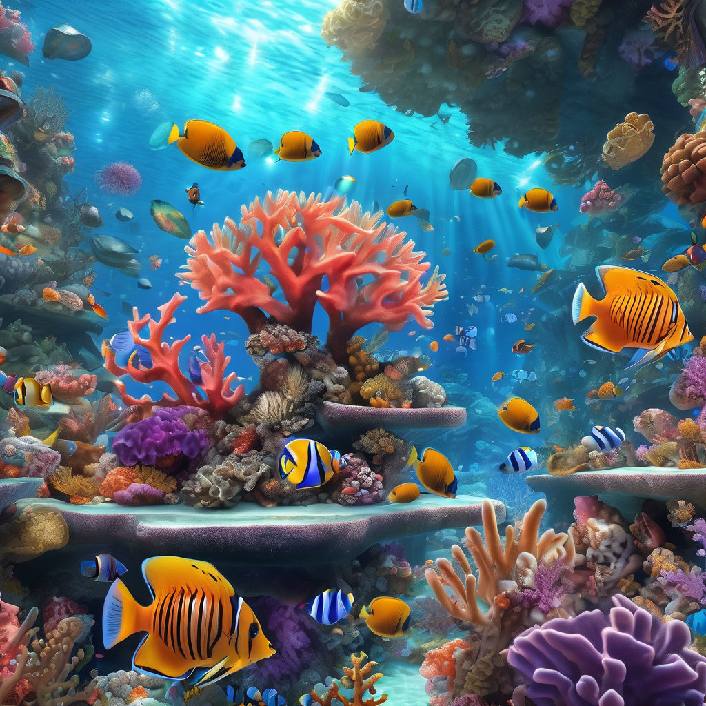 Colorful tropical coral reef with fish. Vivid multicolored corals in the  sea aquarium. Beautiful Underwater world. Vibrant colors of coral reefs  under bright neon purple light. AI generated Stock Photo