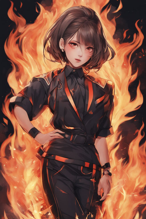 Fire force anime art style, female with short red hair and heterochromatic  black and orange eyes