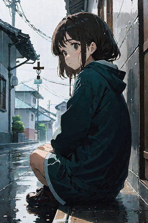 Anime Girl With Dark Hair Under The Rain Background, Depression