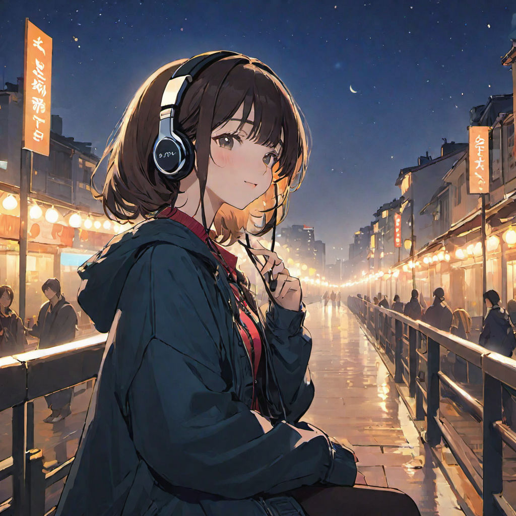 Kawaii Anime Girl Listening to Music · Creative Fabrica