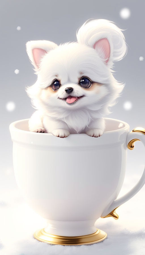 extremely cute little pup in the white porcelain cup\