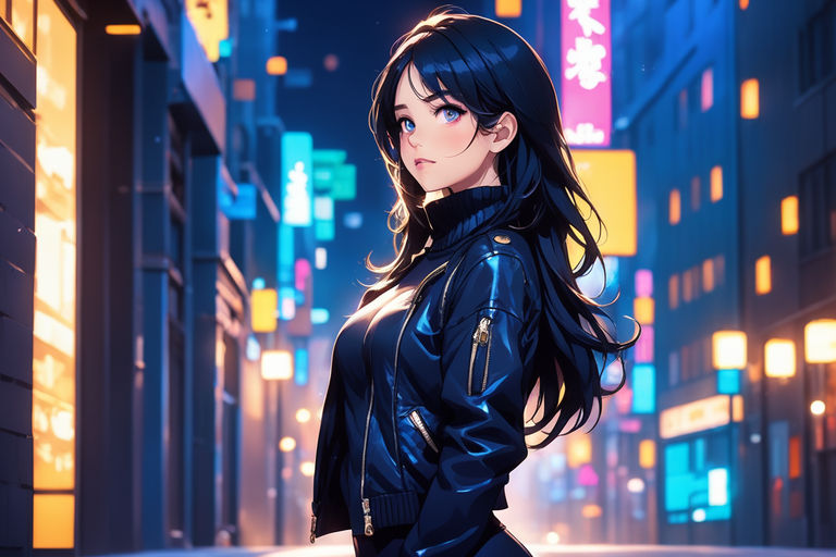 edible-pig164: pretty anime style girl, black hair, blue eyes, city them  background, casual female clothing, digital painting