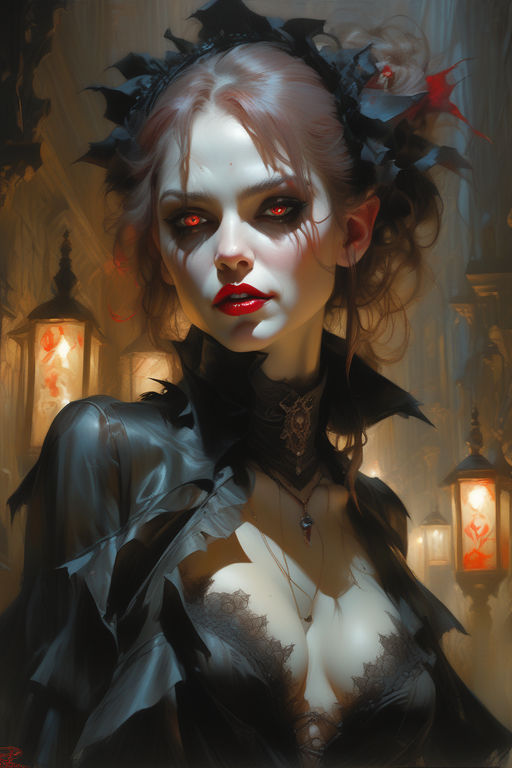 Gorgeous Victorian Vampire Woman with Sharp Canine Teeth