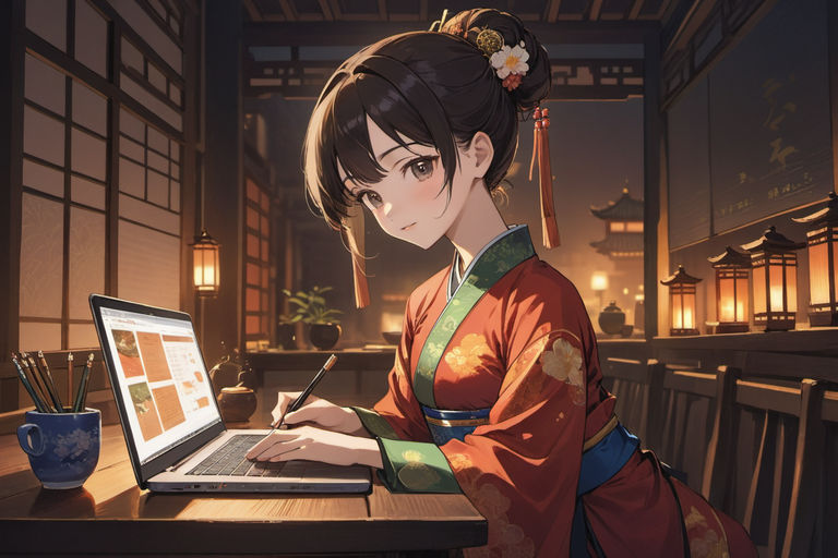 Speed Drawing Anime Girl in Kimono with Fireflies At Night