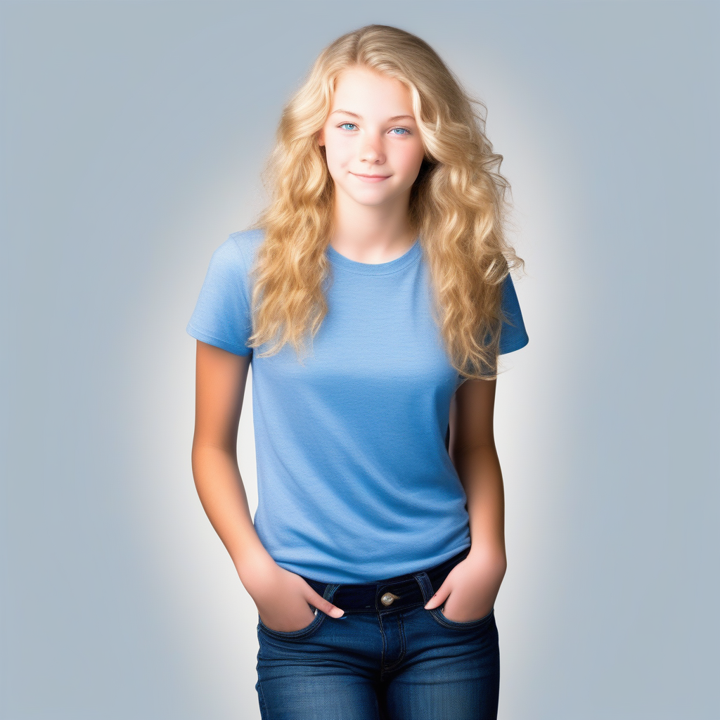 Gorgeous girl wearing tight pale blue shiny satin t-shirt - Playground