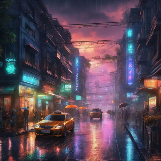 The neon-lit streets of a cyberpunk anime night city with this