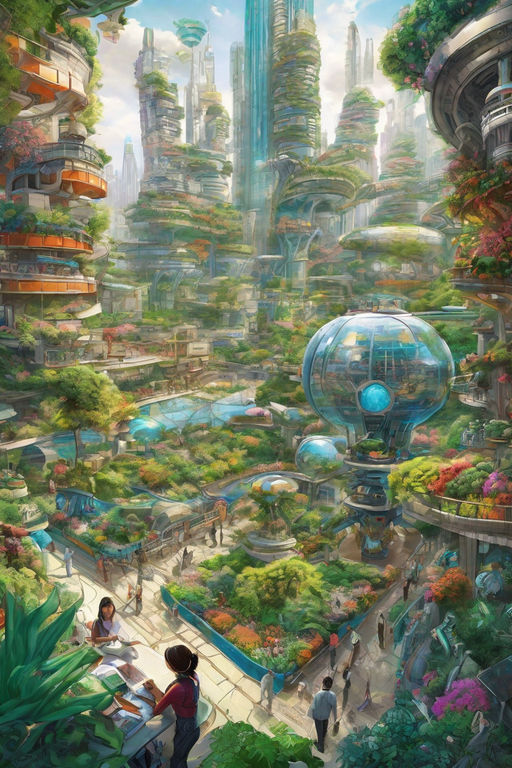 Painting of solarpunk city, futuristic, lush vegetation, ambient 