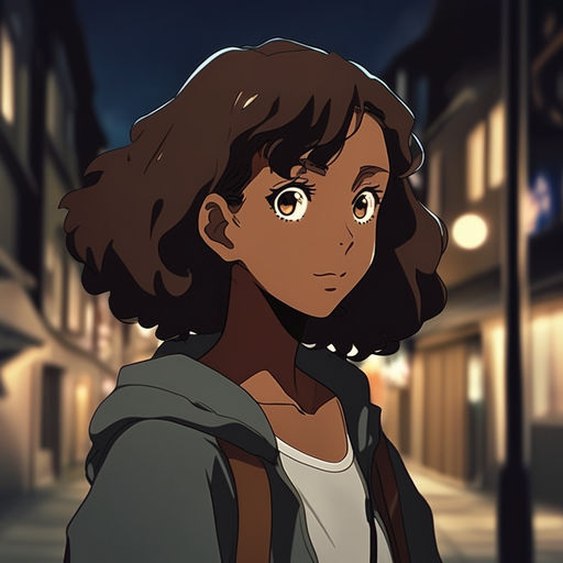 Draw girl in 90' anime style whit black curly hair and brown eyes