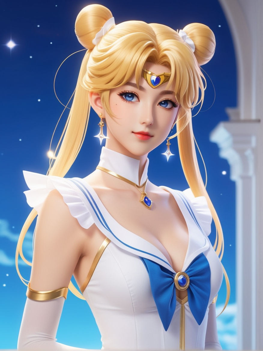 a photo of a stunning high-profile model portraying a captivating Usagi  Tsukino with blue skirt and blonde pigtails and big ass of sailor moon  cosplay. She possesses a breathtakingly beautiful angelic face