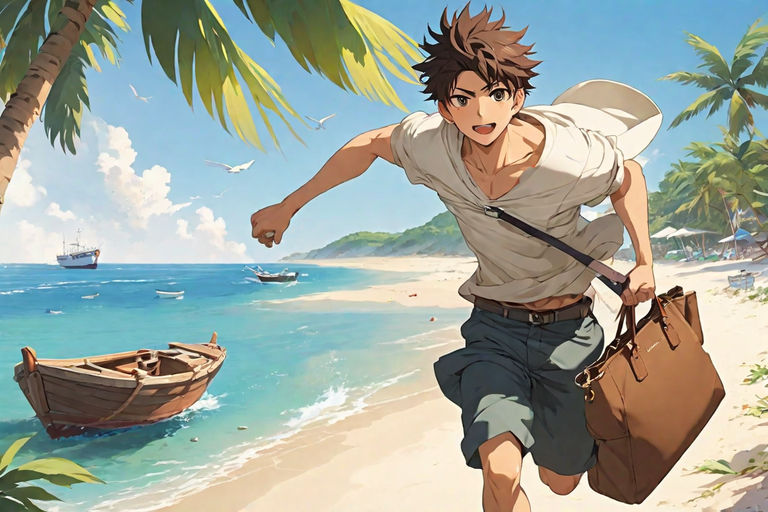 Anime style，the sea，sea beach，coconut palms，seagulls，baiyun，Small island in  the distance - SeaArt AI