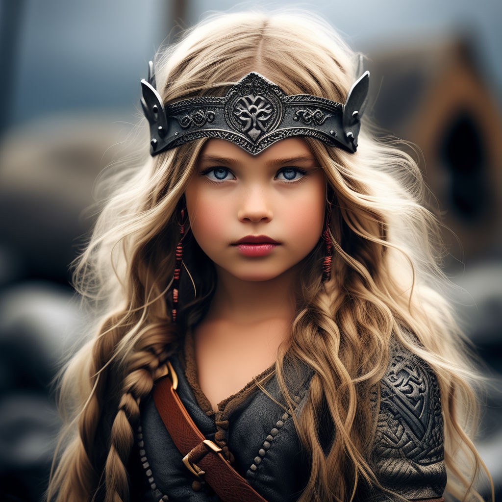 Viking princess, blonde hair, blue eyes, oval face, large breast