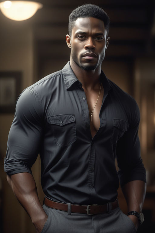 Black man booty with huge muscle ass and huge pecs and huge forearms and 8  pack abs and a bald head and a blue long sleeve dress shirt with the  sleeves rolled