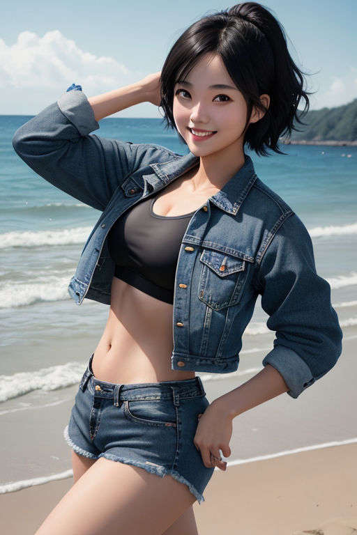Premium Photo  Sexy slim female in jeans shorts and sunglasses posing over  azure ocean.
