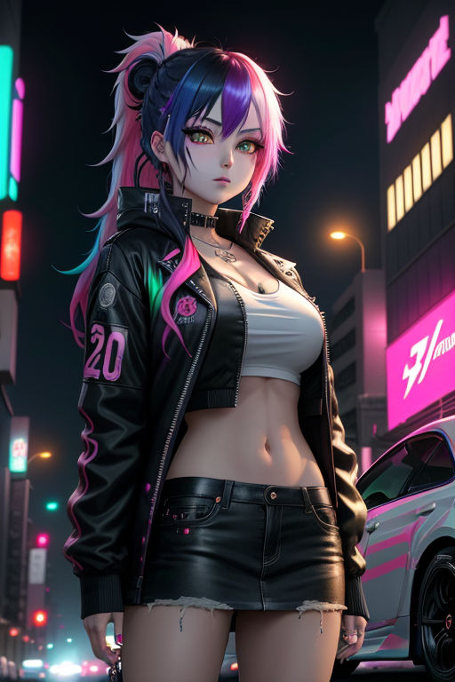 Anime cyberpunk male with pink hair and glasses standing in city