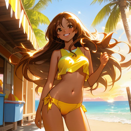 A full body photo of an anime girl, short hair, brown hair, wearing a red two  piece swimsuit, looking up camera angle, bright mid-day lighting from top,  dynamic pose