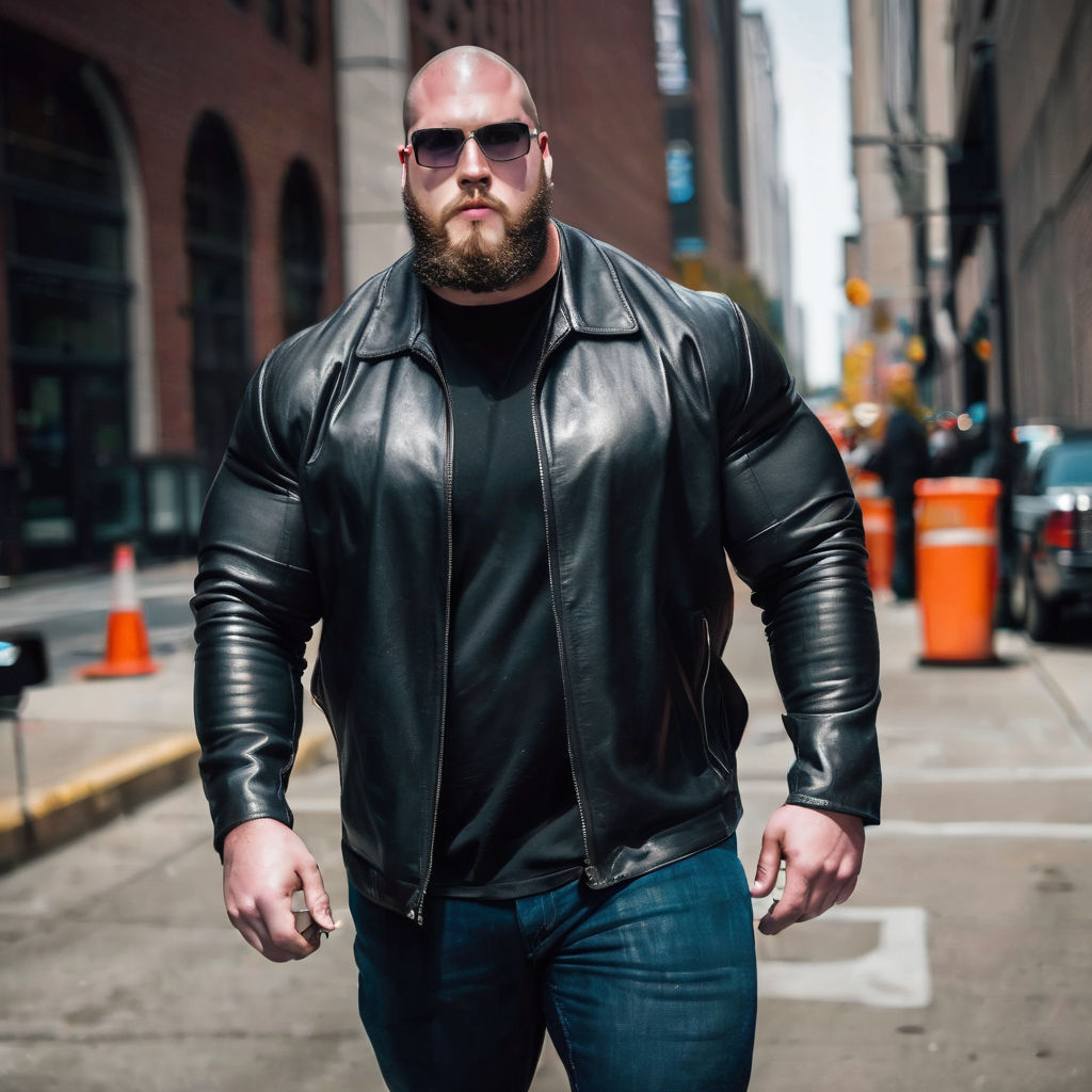 Premium Photo | Big bald man in leather jacket at conference hall - rear  view, telephoto shot