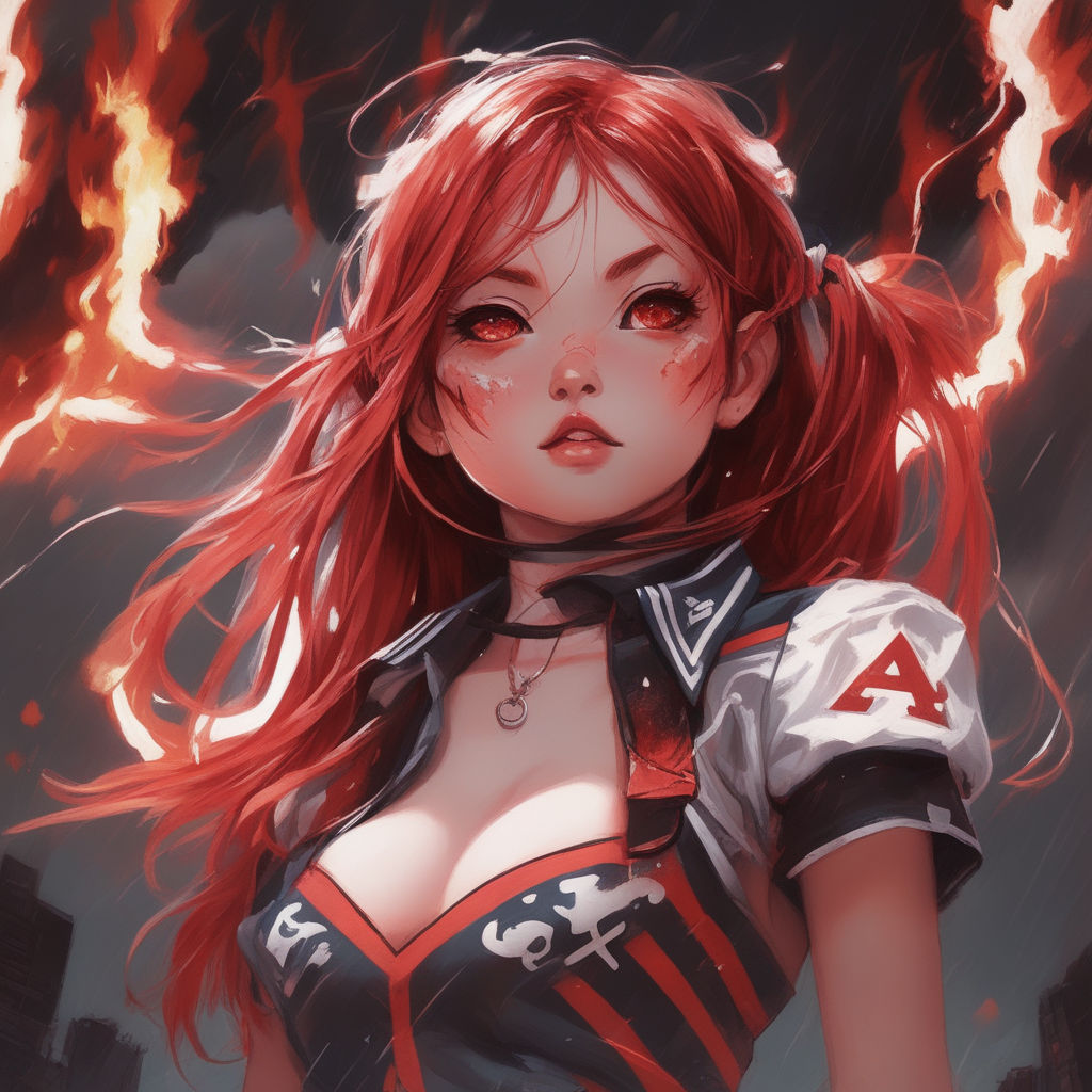 demon anime girl with red hair and red eyes