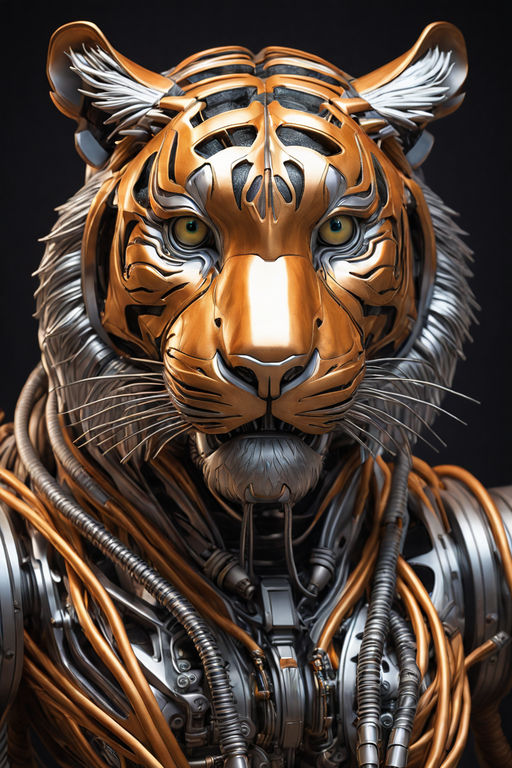 A highly detailed and hyper realistic painting of a growling steampunk  Samurai japanese tiger - Playground