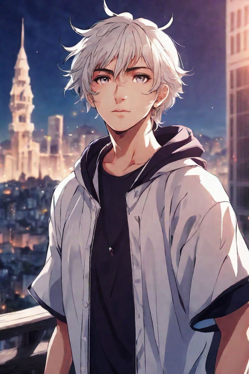 A white haired young anime boy, blindfolded, street