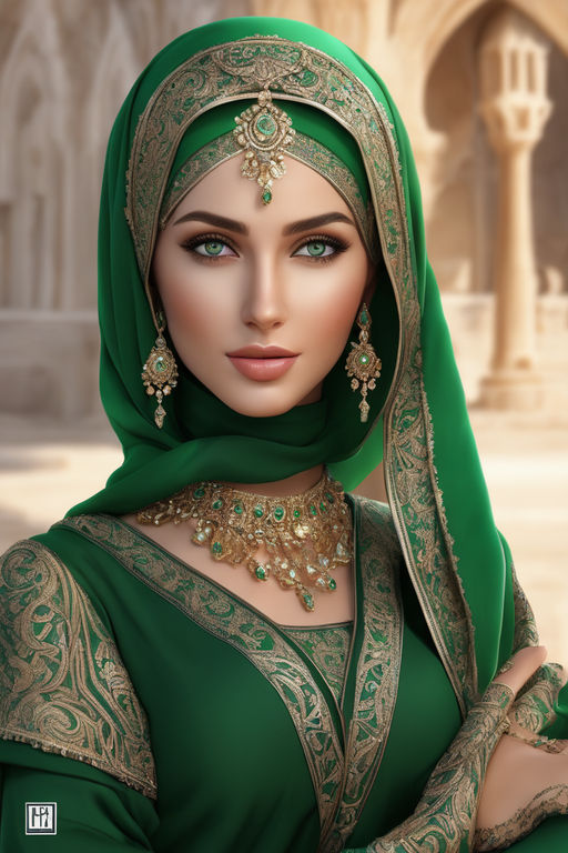 Girl,jojo bizare style,blue eyes, smile, green headscarf muslim